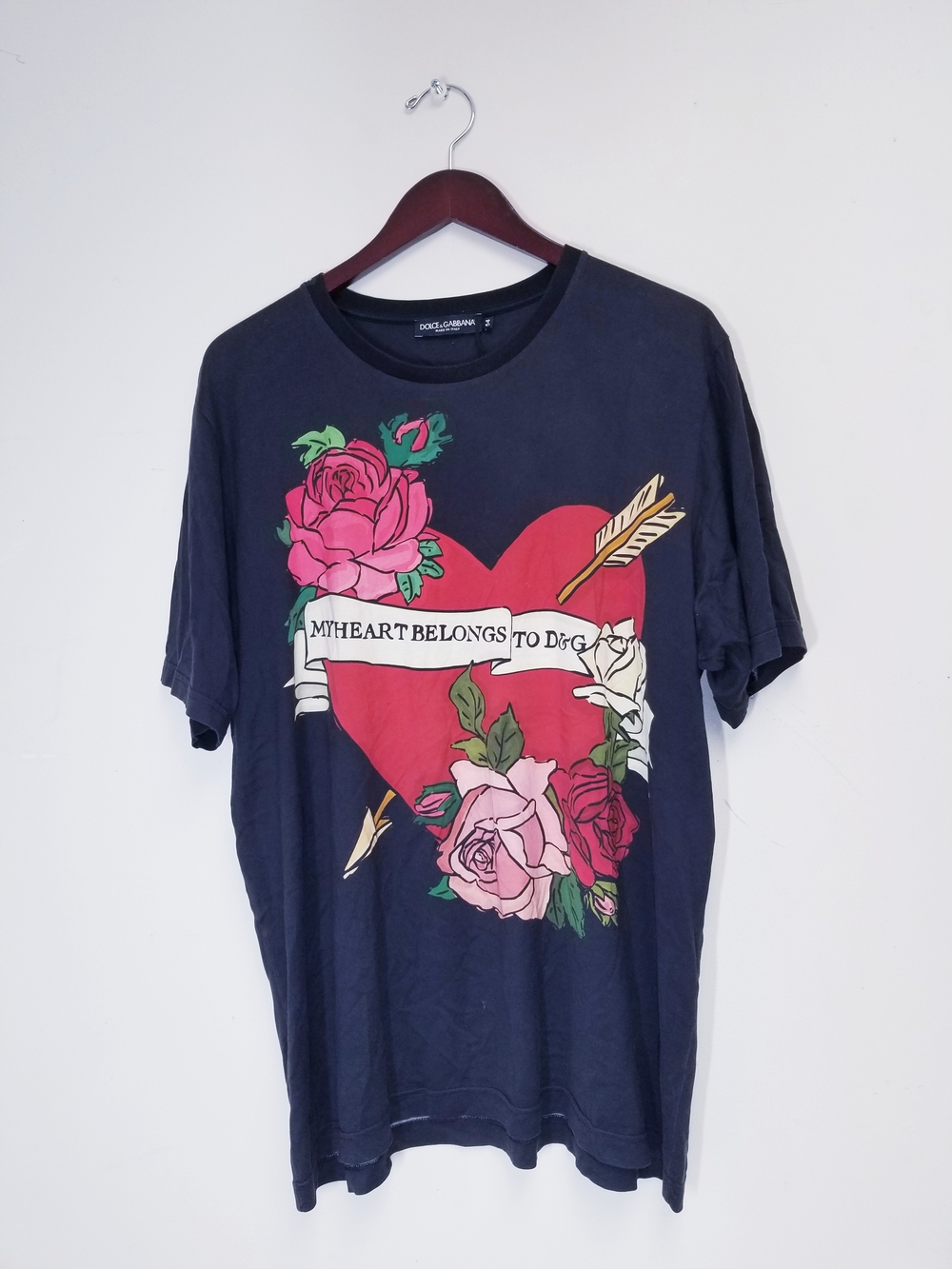 Dolce & Gabbana Black Graphic Heart Tee with Roses